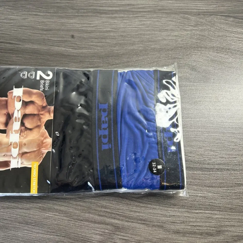 PAPI Techno Stretch Men’s Bikini Briefs 2 Pcs Size M 32-34 New Sealed Blue Black
